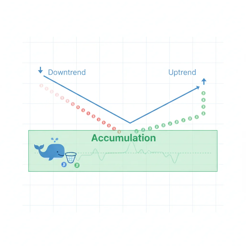 Gráfico ilustrativo mostrando a fase de acumulação de Wyckoff após uma tendência de baixa no mercado de criptomoedas.