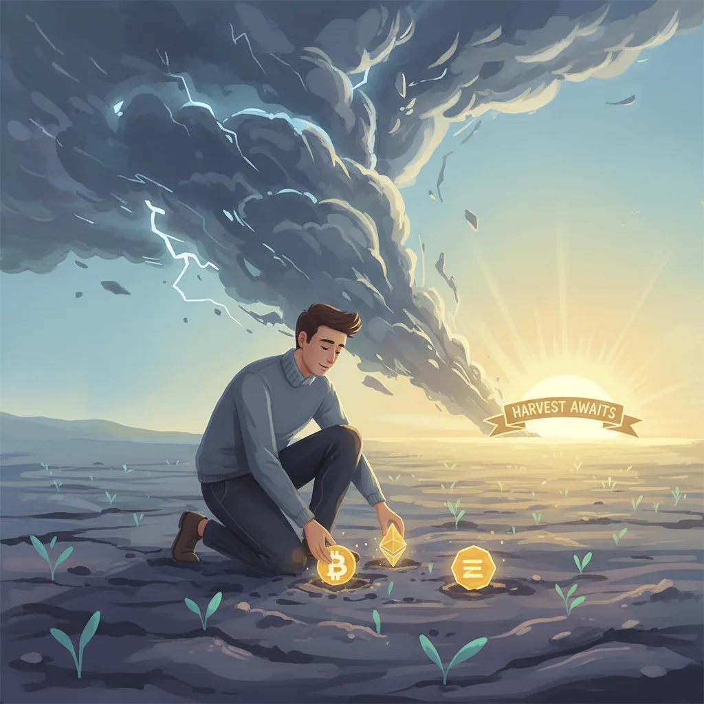 Ilustração de um investidor plantando sementes de criptomoedas durante a calmaria do mercado, representando a estratégia de acumulação.