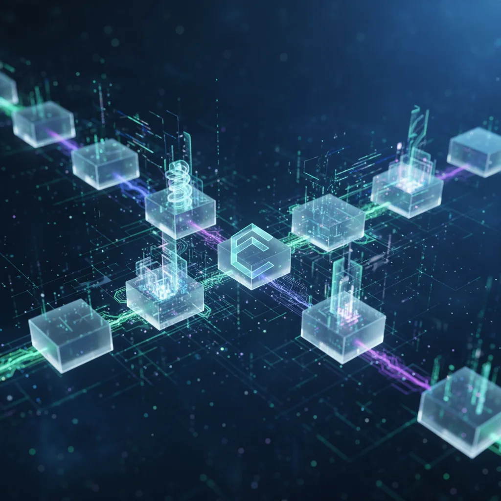 Ilustração abstrata da Fase Goguen da Cardano, mostrando a criação de contratos inteligentes na blockchain.