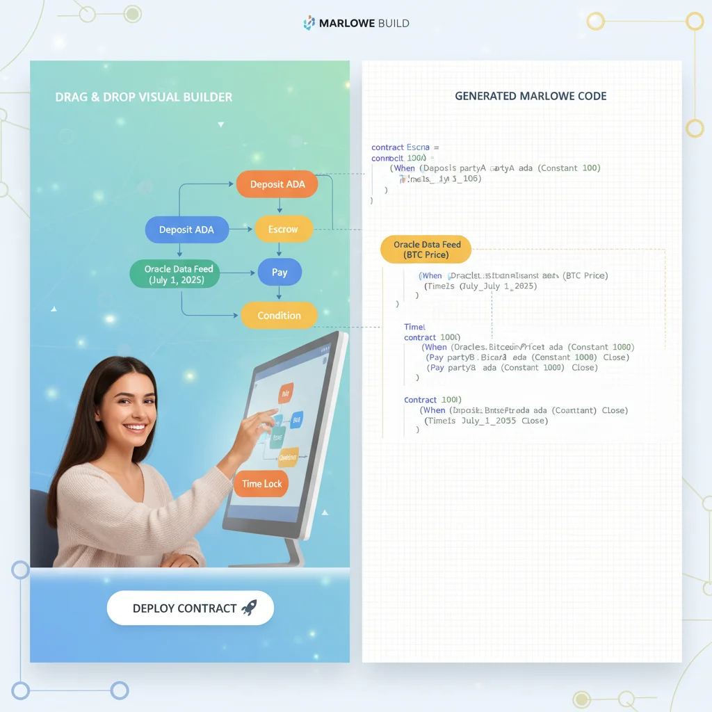 Representação visual da plataforma Marlowe, permitindo a criação de contratos inteligentes de forma simplificada.