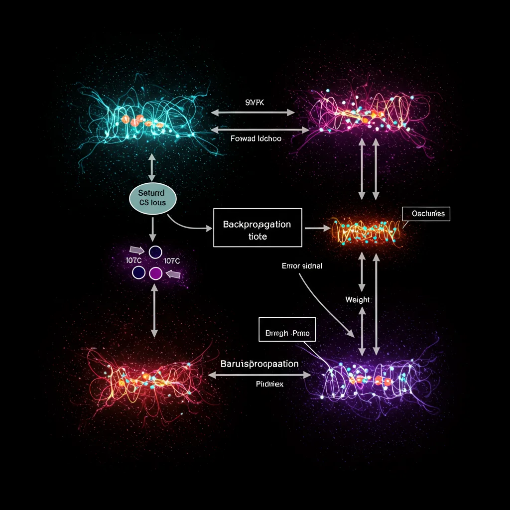 Ilustração representando o processo de Backpropagation em uma rede neural. A imagem mostra o fluxo de dados para frente e o erro sendo propagado de volta para ajustar os pesos das conexões.