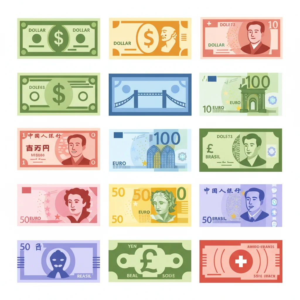 Ilustração de várias notas de moedas fiduciárias, como Dólar, Euro e Real.
