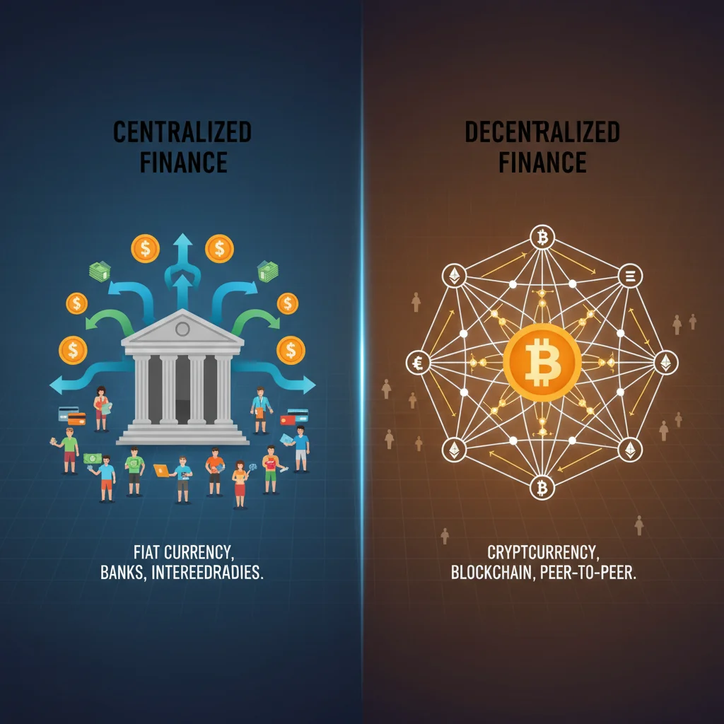 Diagrama comparando o sistema centralizado da moeda fiat com a rede descentralizada das criptomoedas.