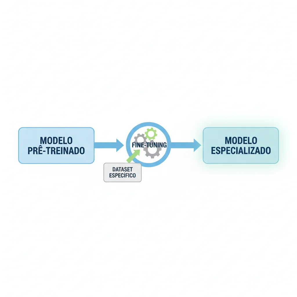 Diagrama explicando o processo de fine-tuning: um modelo pré-treinado é ajustado com um dataset específico para criar um modelo especializado.
