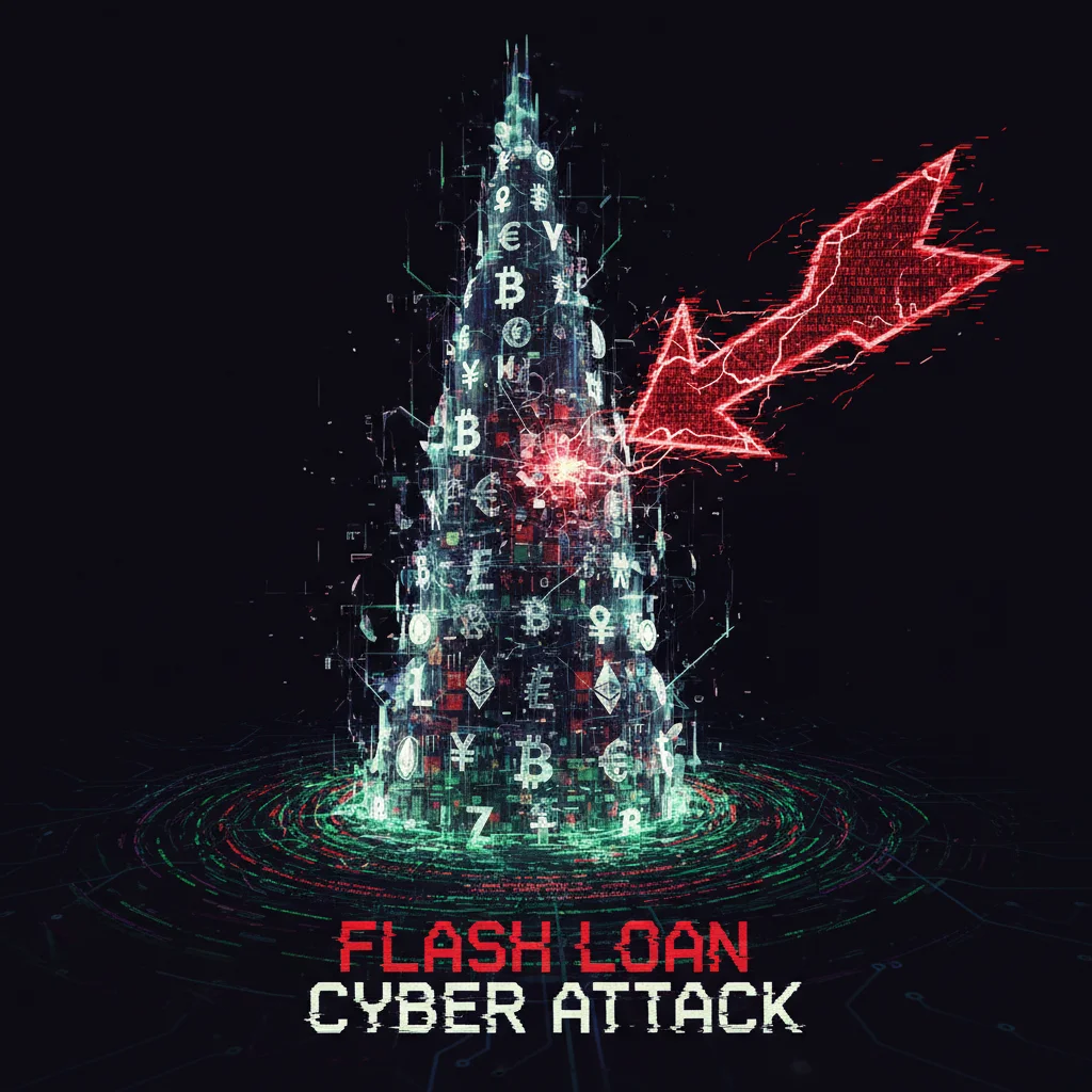 Ilustração conceitual dos riscos de um ataque de flash loan a um protocolo DeFi.