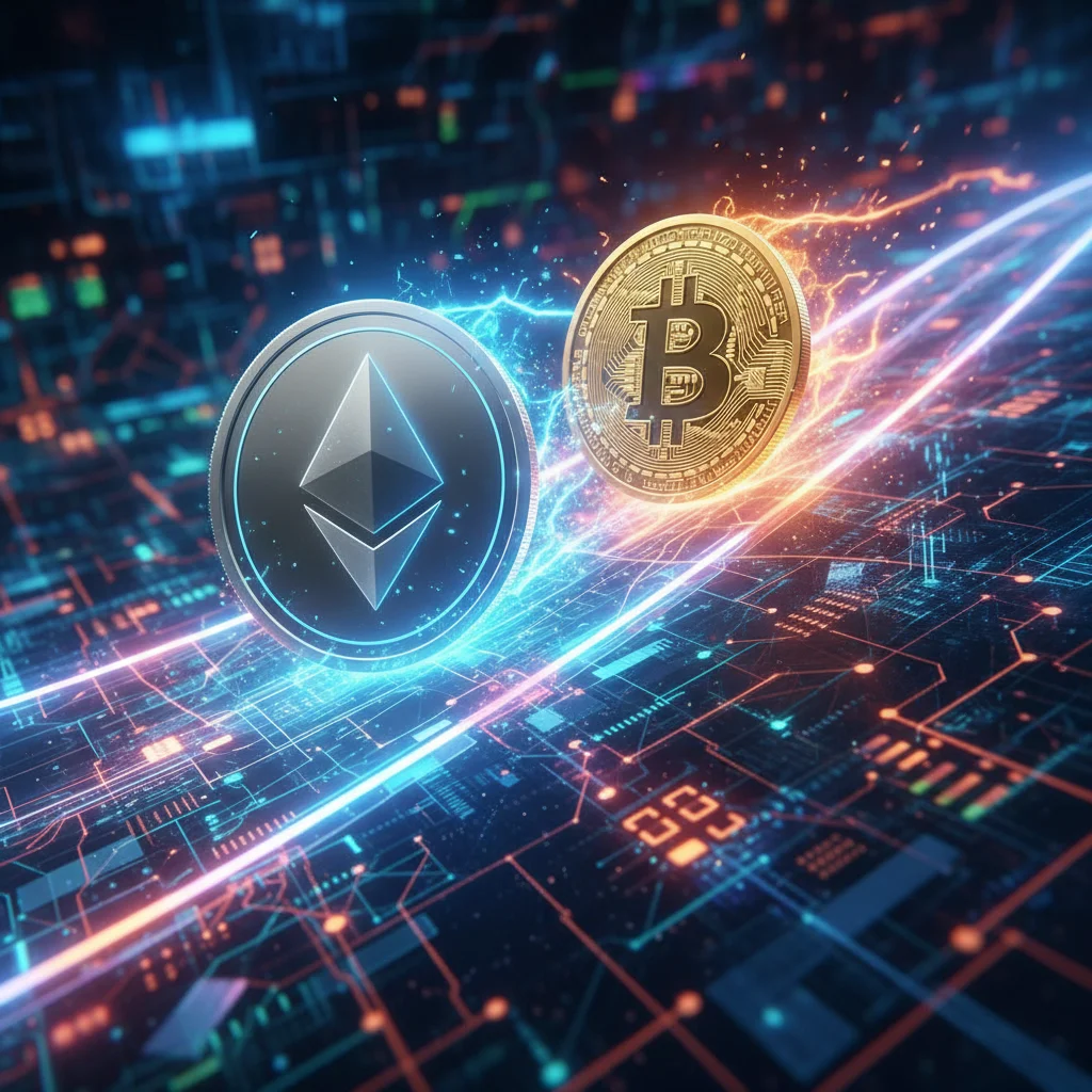 Ilustração do Ethereum prestes a ultrapassar o Bitcoin em uma corrida, simbolizando o Flippening.