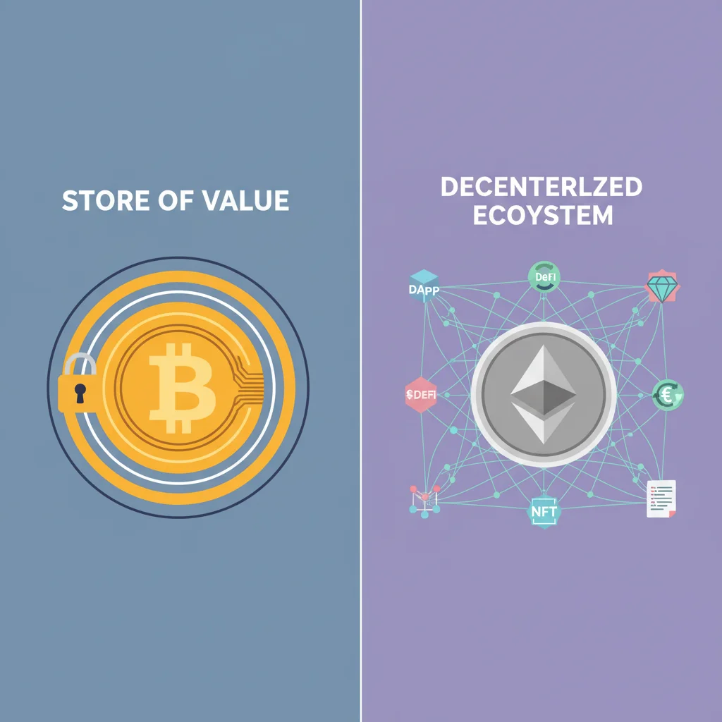 Comparativo entre o ecossistema do Bitcoin como reserva de valor e o ecossistema do Ethereum com dApps, DeFi e NFTs.