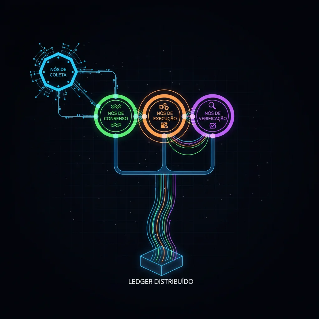 Diagrama da arquitetura multi-nó da blockchain Flow, mostrando os nós de Coleta, Consenso, Execução e Verificação.