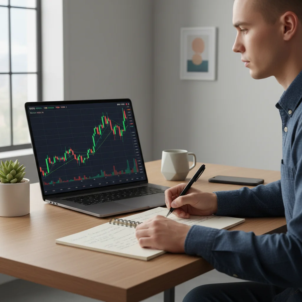 Ilustração de um investidor calmo e estratégico analisando o mercado de criptomoedas, o oposto do FOMO.