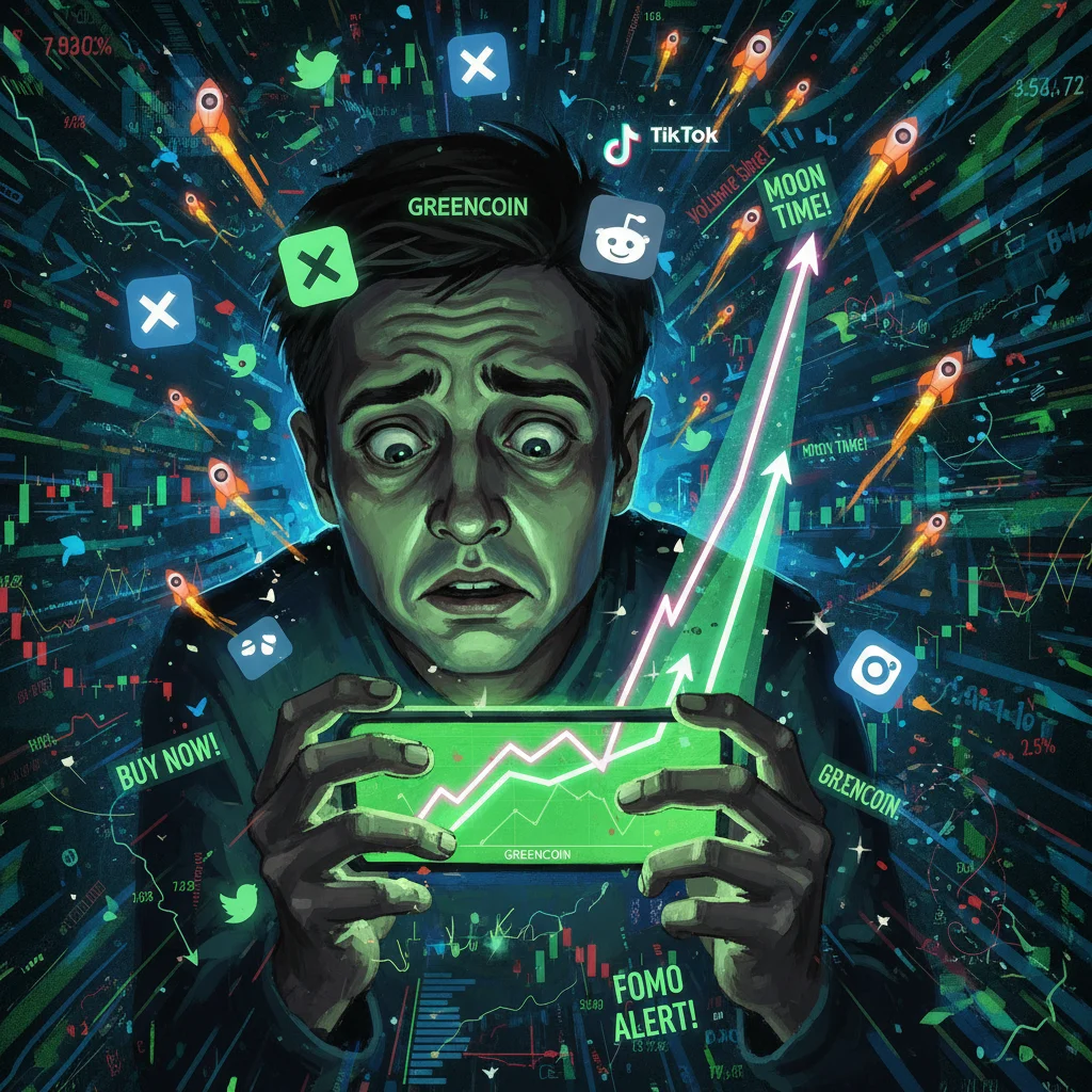 Ilustração de uma pessoa ansiosa olhando um gráfico de criptomoeda subindo rapidamente, representando o sentimento de FOMO.