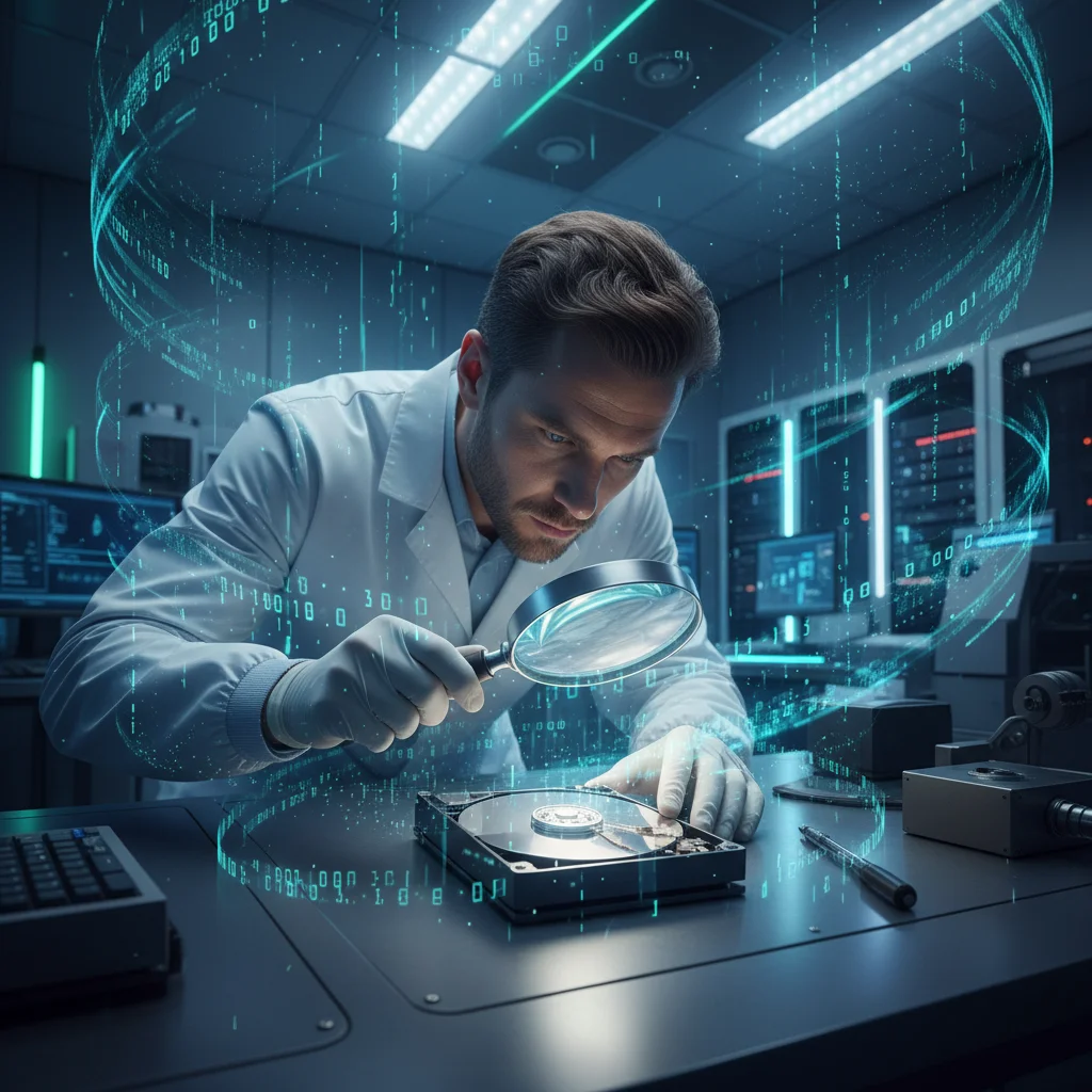 Especialista em forense digital analisando um disco rígido em um laboratório.