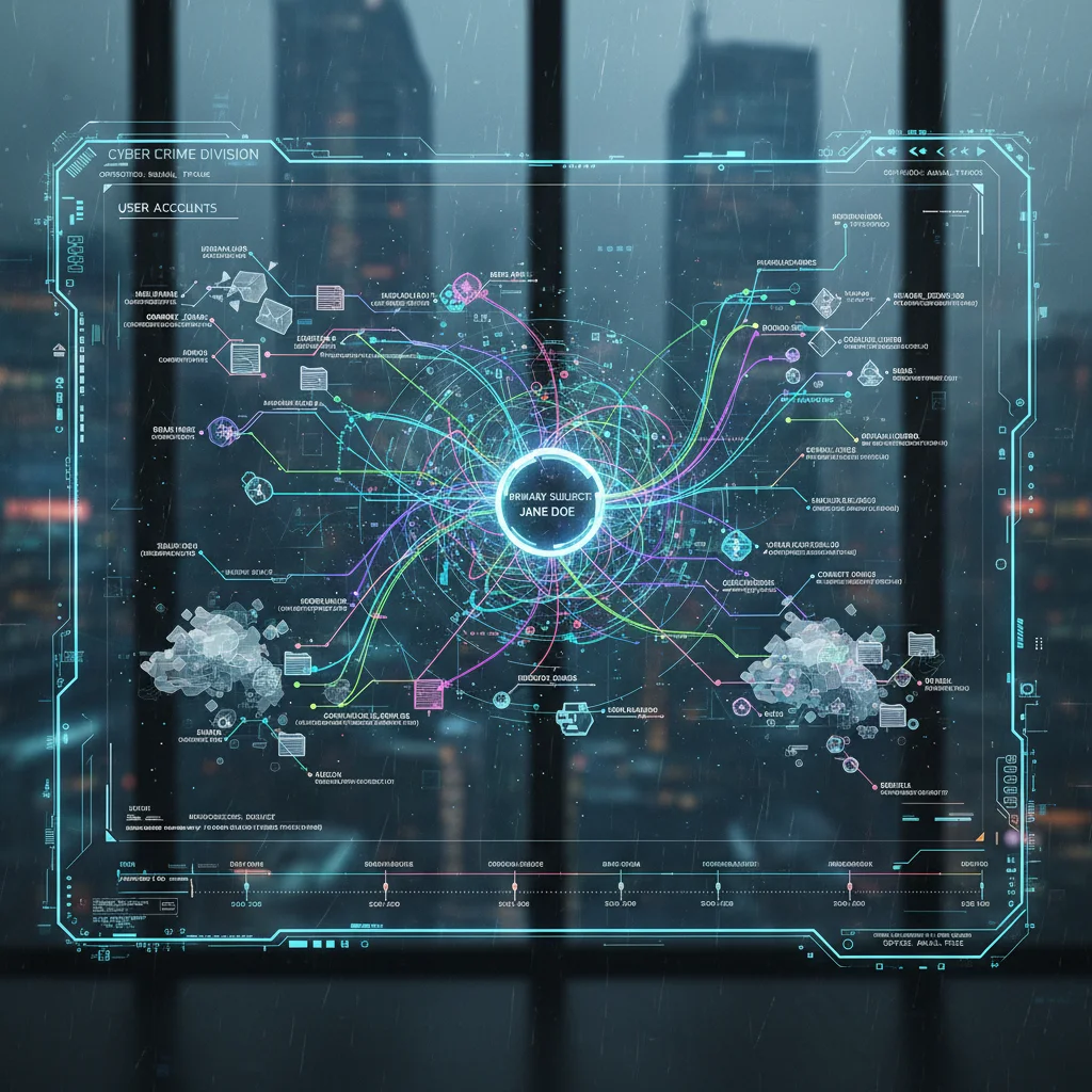 Interface de software de análise forense mostrando a conexão entre diferentes evidências digitais.