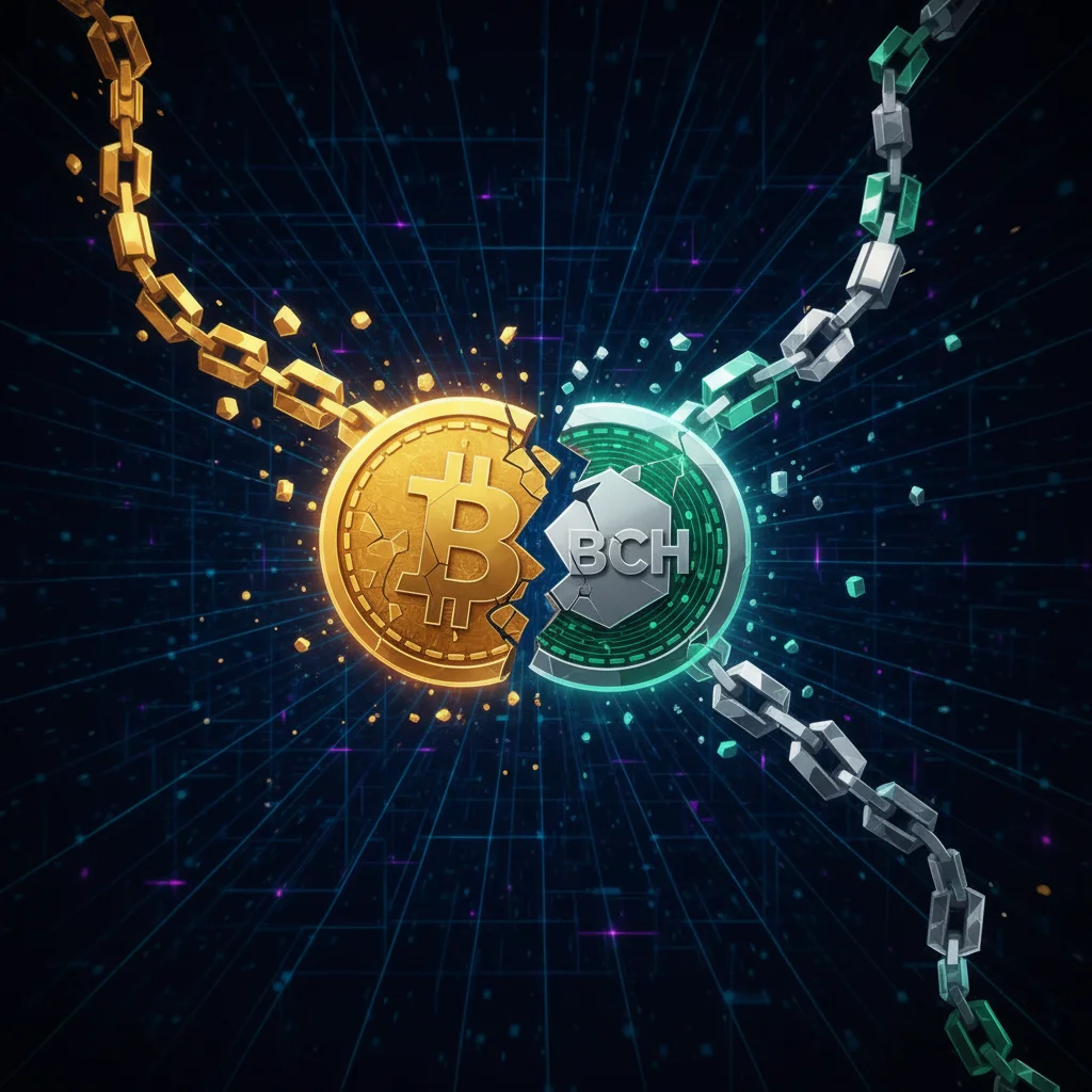 Representação do hard fork que criou o Bitcoin Cash a partir do Bitcoin.