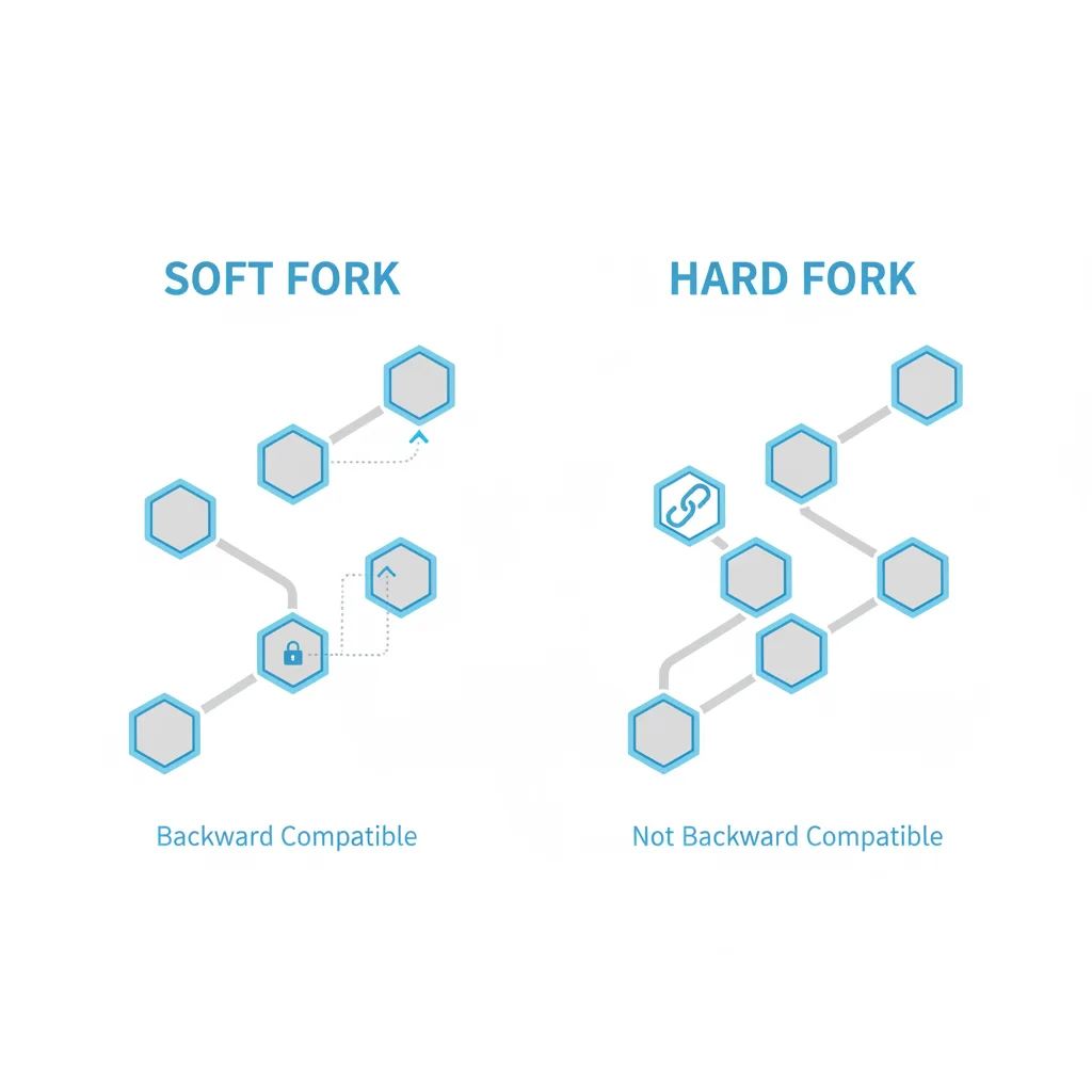 Diagrama explicando a diferença entre soft fork e hard fork na blockchain.
