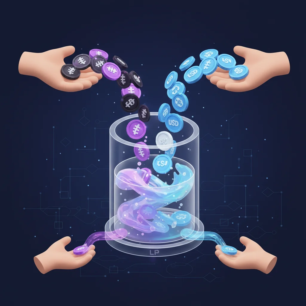 Ilustração de um pool de liquidez mostrando moedas digitais sendo depositadas para um Formador Automático de Mercado (AMM).