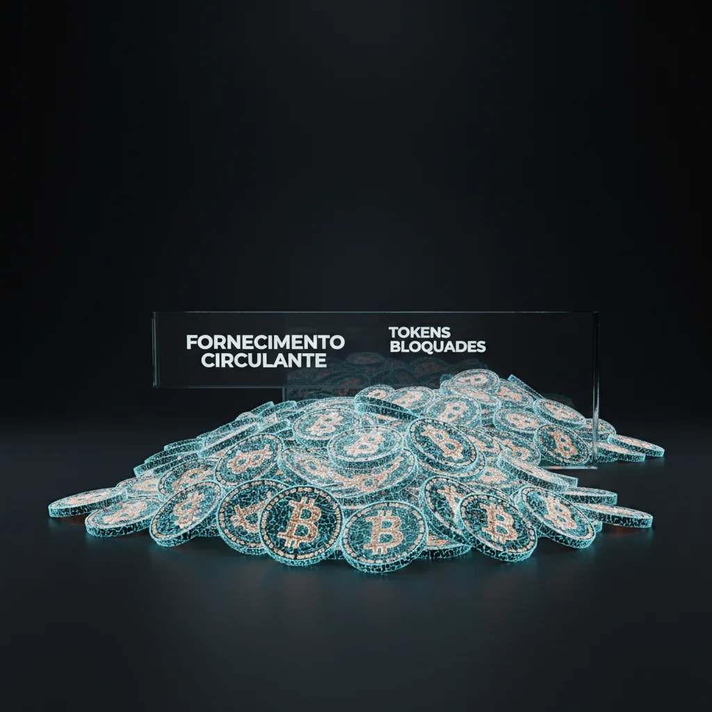Ilustração 3D que mostra a diferença entre moedas bloqueadas e o fornecimento circulante de uma criptomoeda.