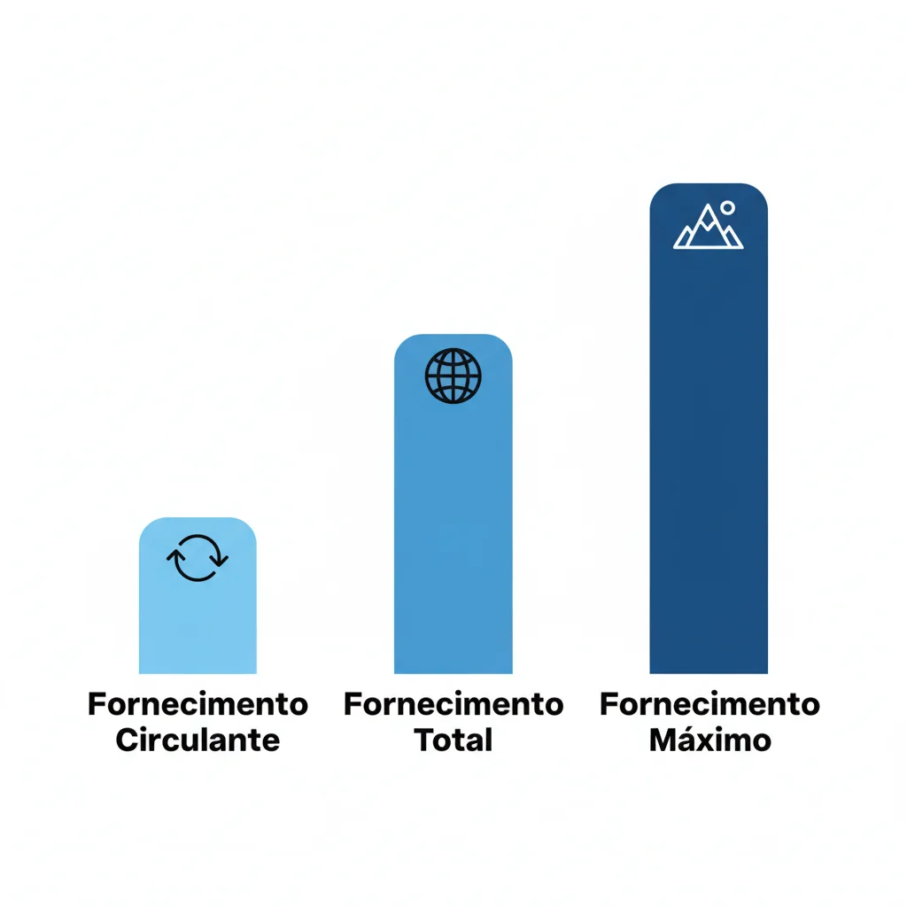 Infográfico comparando as barras de Fornecimento Circulante, Fornecimento Total e Fornecimento Máximo de uma criptomoeda.