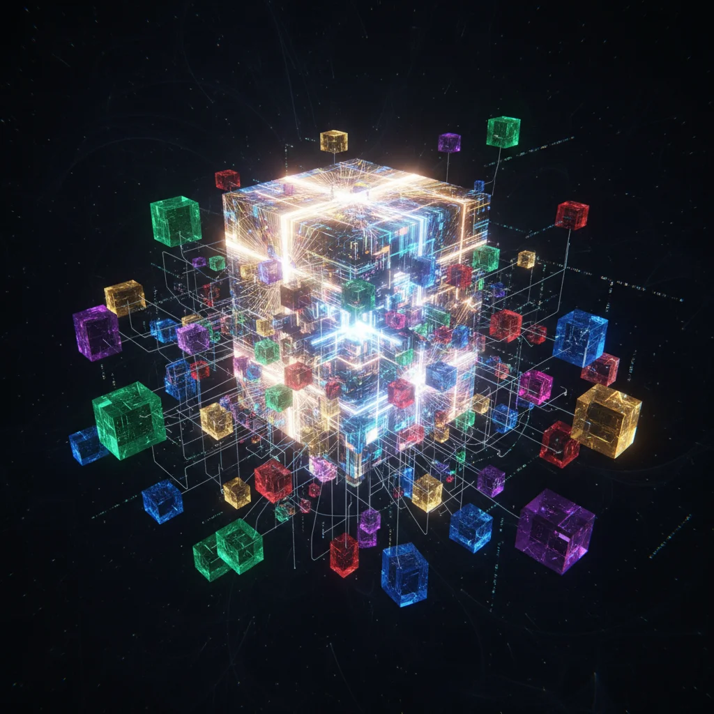 Infográfico abstrato mostrando o conceito de sharding, onde uma blockchain monolítica é dividida em fragmentos menores e interconectados.