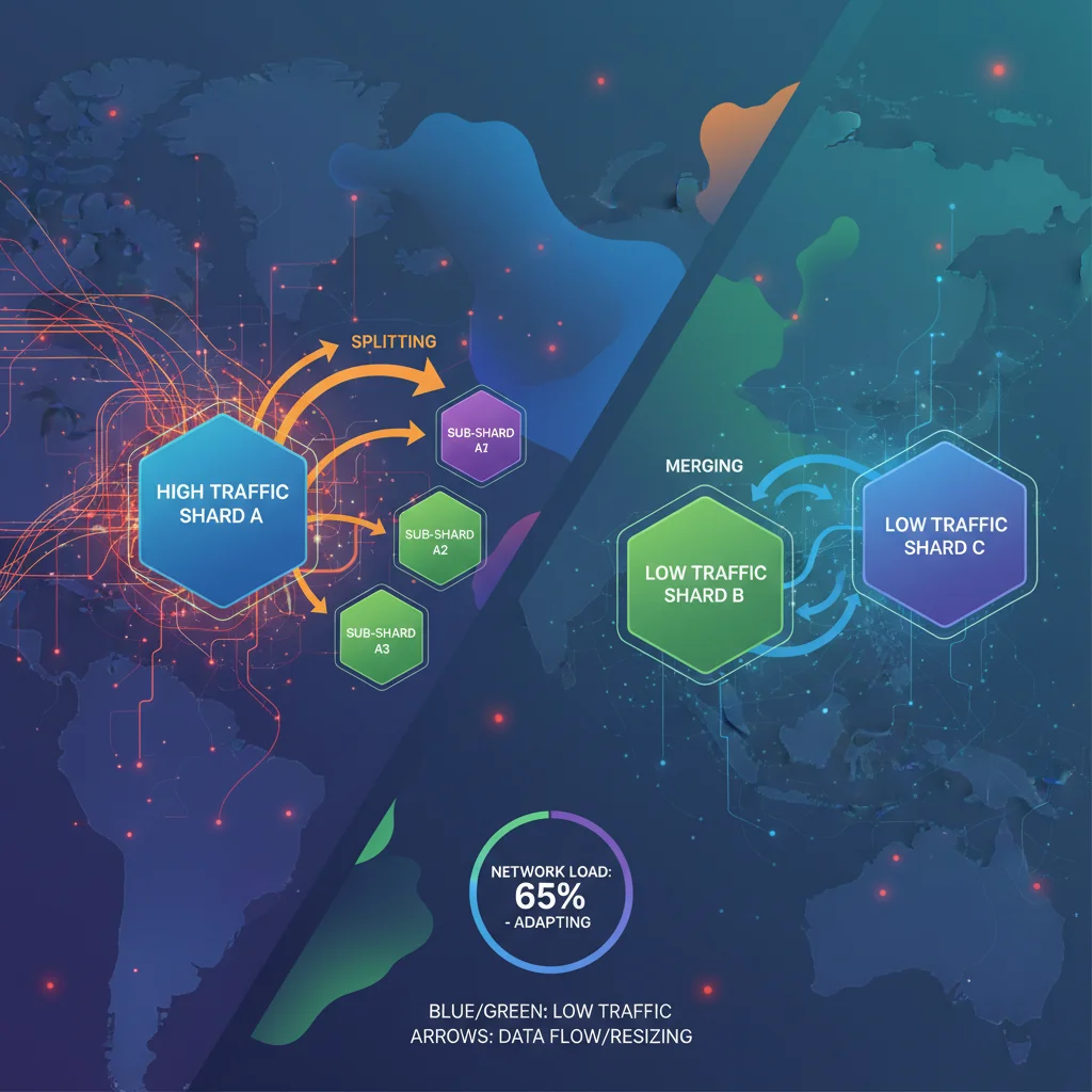 Diagrama dinâmico ilustrando a Fragmentação de Estado Adaptável, com shards se dividindo e se fundindo de acordo com a demanda da rede.