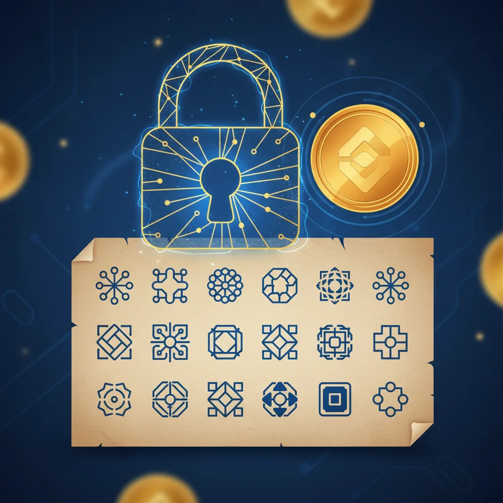 Ilustração de uma frase semente de 12 palavras em um papel, simbolizando a chave para a segurança de criptomoedas.