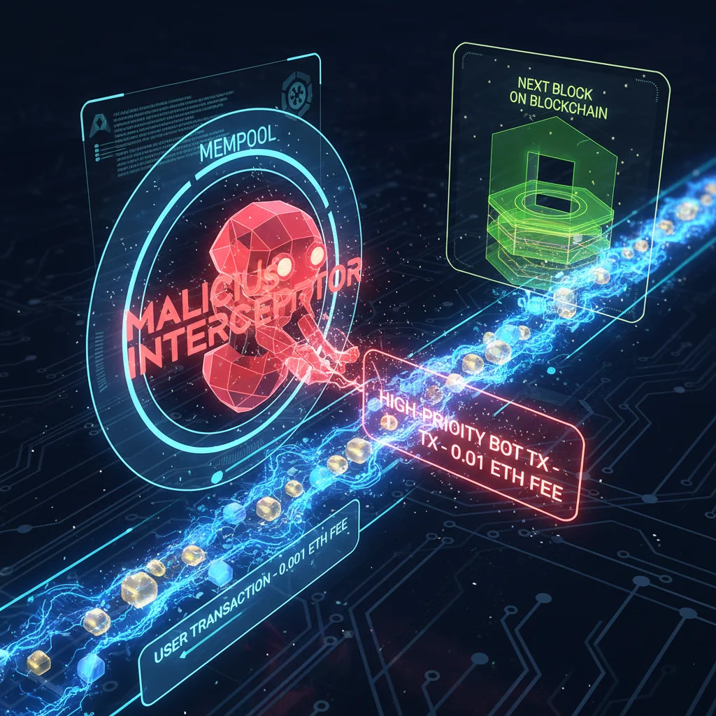 Ilustração do processo de front running com um bot malicioso ultrapassando uma transação de usuário no mempool.
