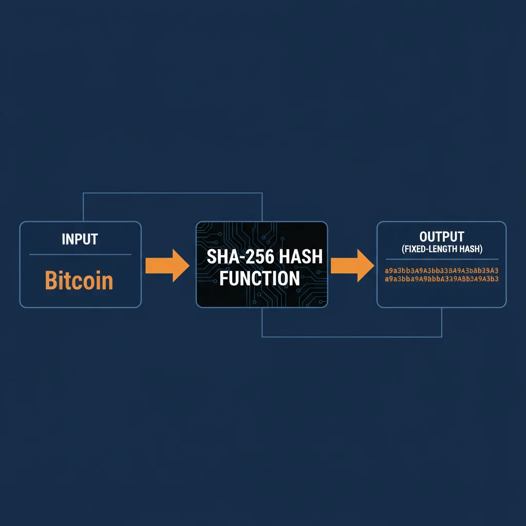 Diagrama explicando como uma função hash transforma uma entrada de dados em uma saída de tamanho fixo, chamada hash.