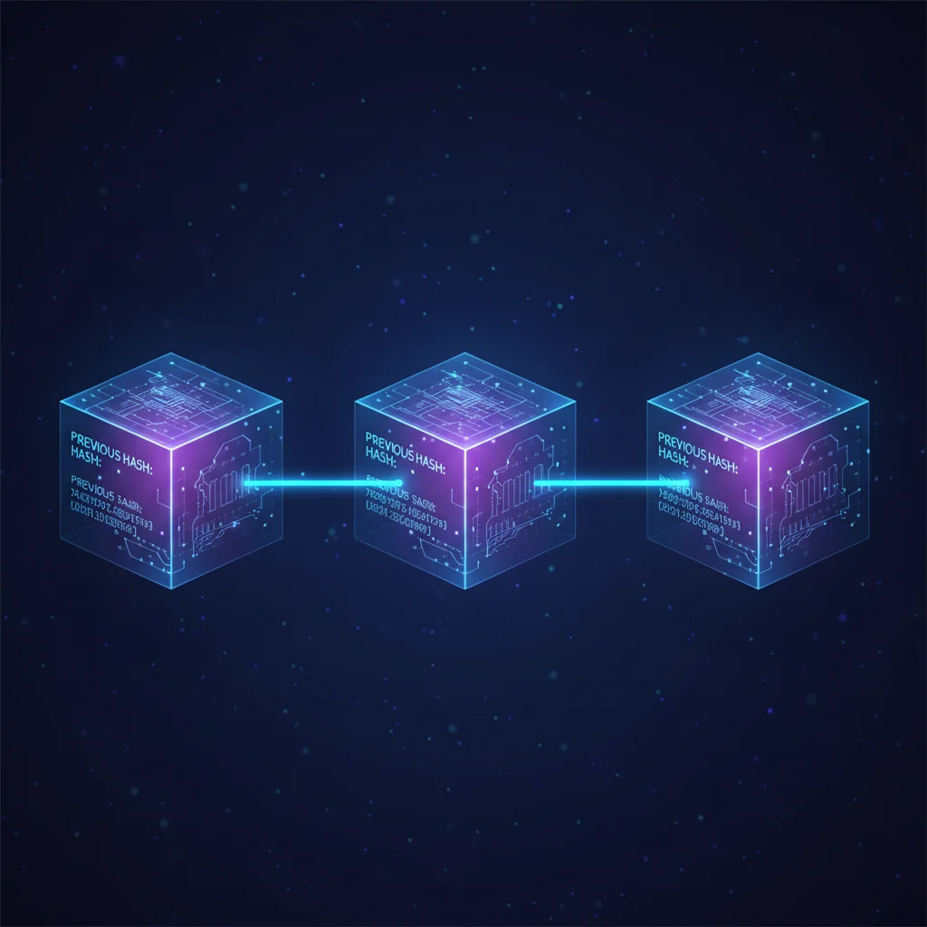 Ilustração de uma blockchain com blocos interligados pelo hash do bloco anterior.