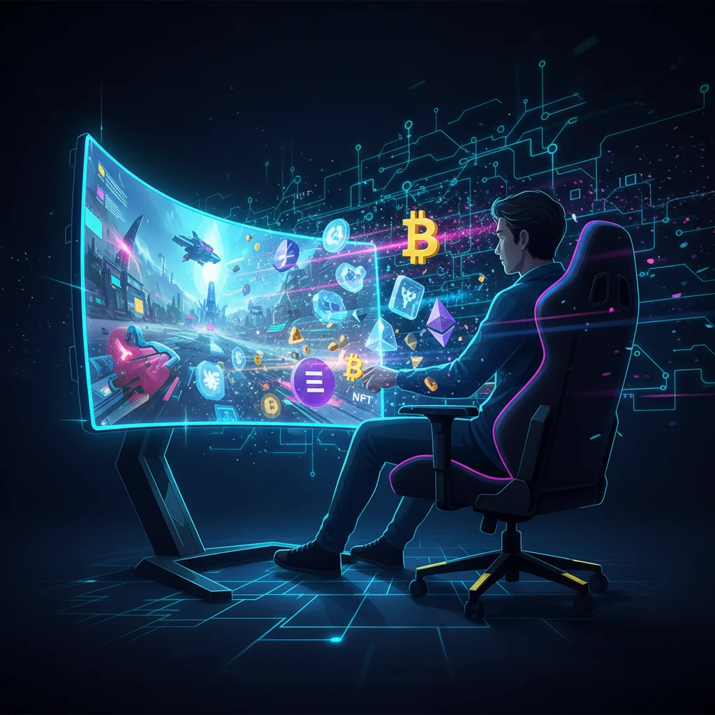 Ilustração de um jogador interagindo com um jogo GameFi, de onde saem criptomoedas e NFTs.