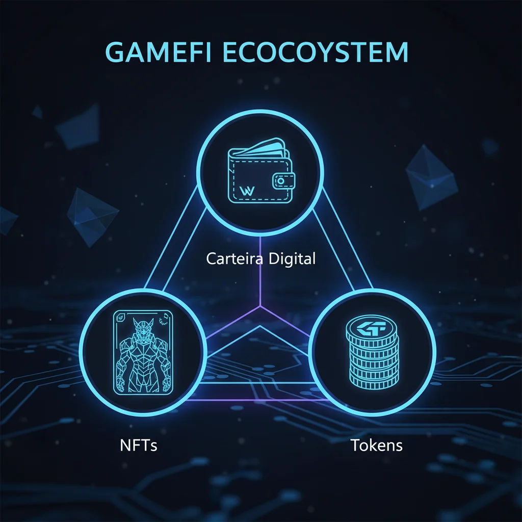 Infográfico mostrando os componentes do ecossistema GameFi: carteira de criptomoedas, NFTs e tokens.