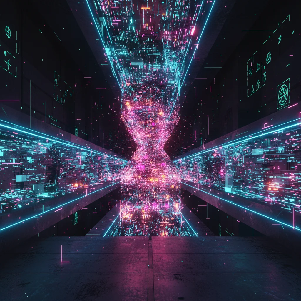 Ilustração conceitual de um gargalo de dados, onde um fluxo de informações digitais é forçado a passar por um canal estreito, causando congestionamento.