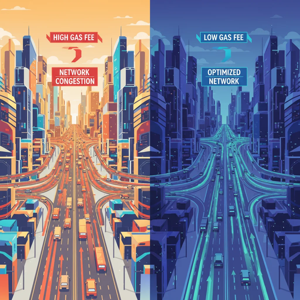 Comparativo entre os horários de pico e de baixa na rede blockchain, mostrando a variação nas taxas de gás.