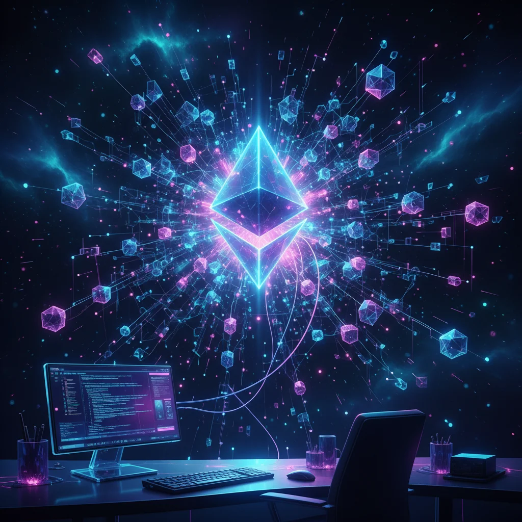 Ilustração de um computador se conectando à rede descentralizada do Ethereum através do Geth.