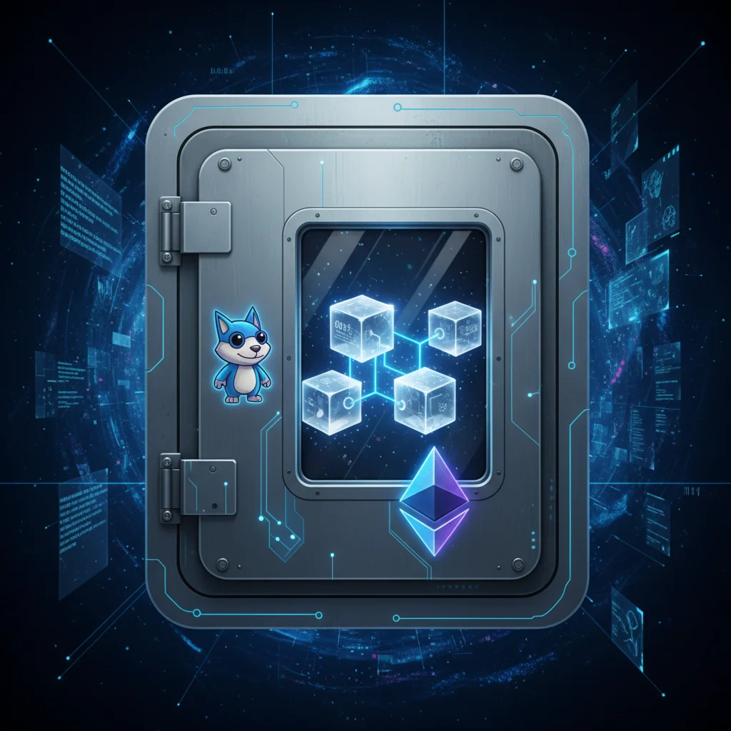 Representação de um nó Geth armazenando e validando os blocos da blockchain Ethereum.