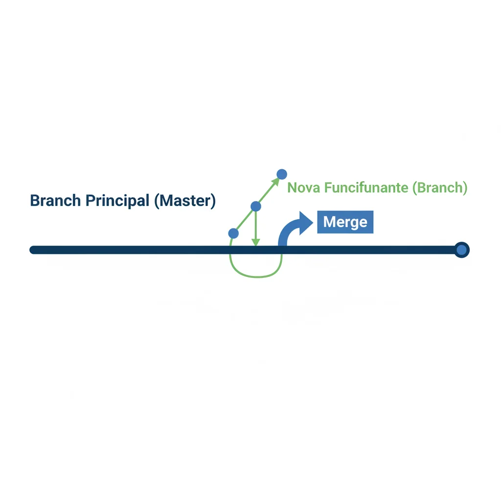 Diagrama do fluxo de trabalho do Git, mostrando a criação de uma branch a partir da principal, a adição de commits e o merge de volta para a branch principal.