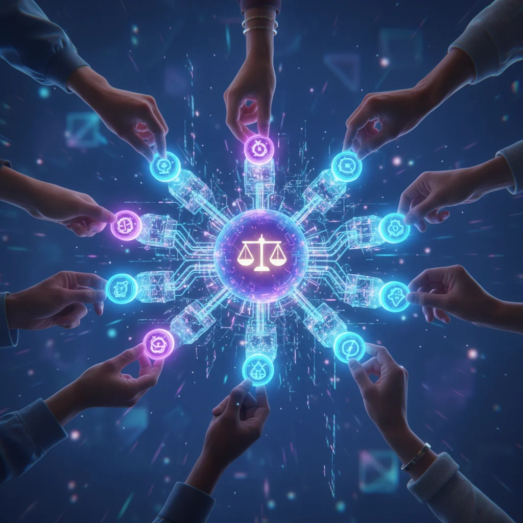 Ilustração de várias mãos votando em uma rede blockchain, simbolizando a governança descentralizada em criptomoedas.