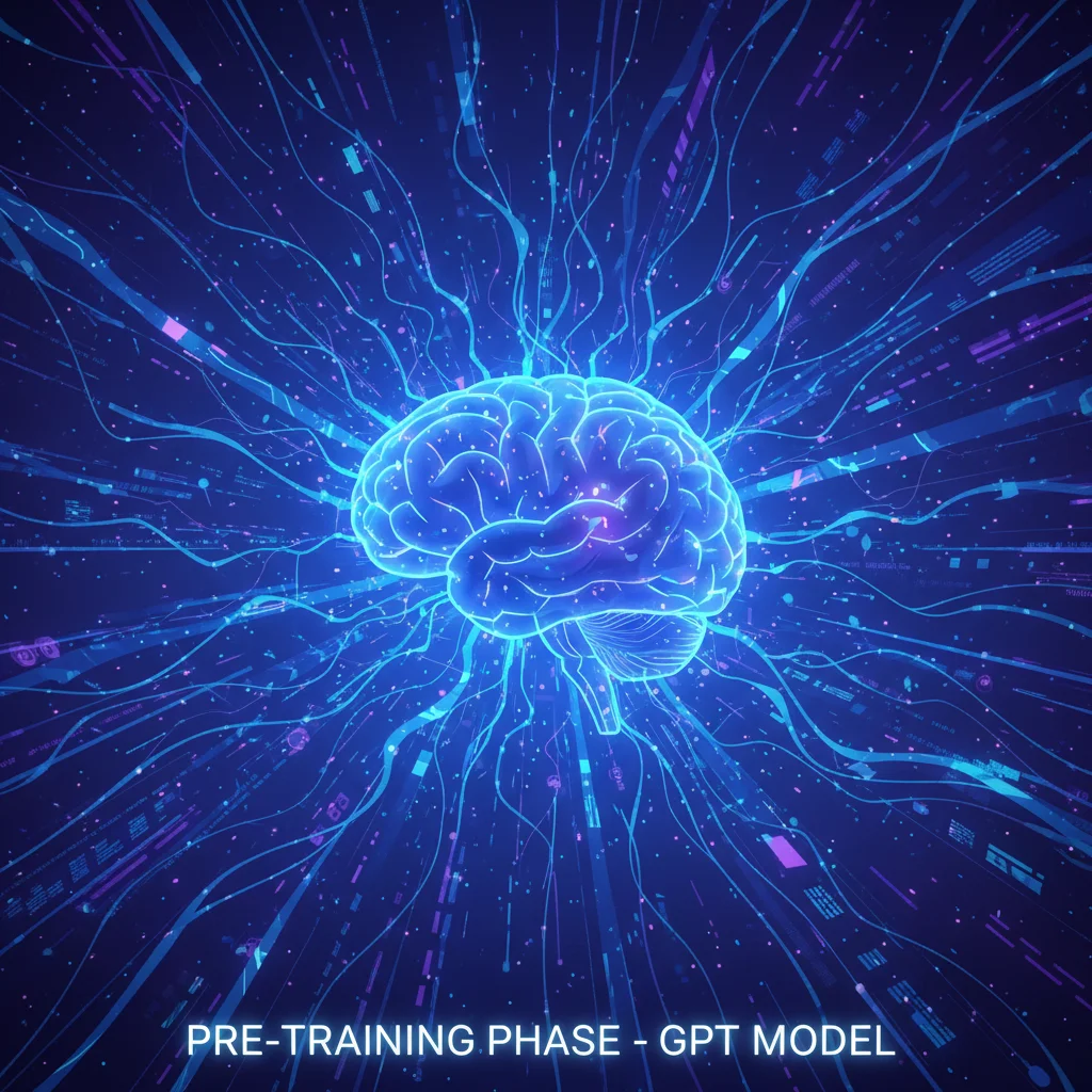 Ilustração de um cérebro digital absorvendo dados para explicar o conceito de pré-treinamento em modelos GPT.