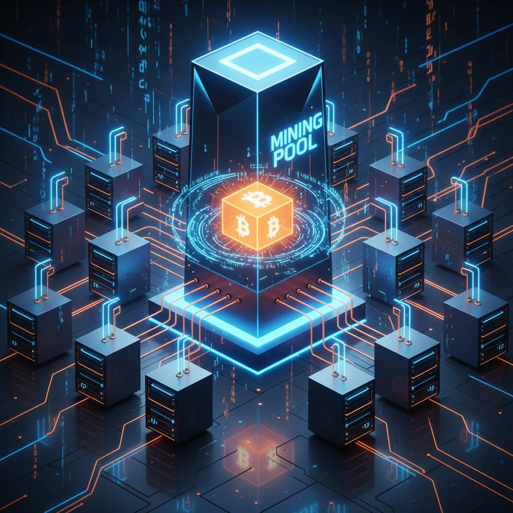 Ilustração de como funciona um grupo de mineração de criptomoedas.