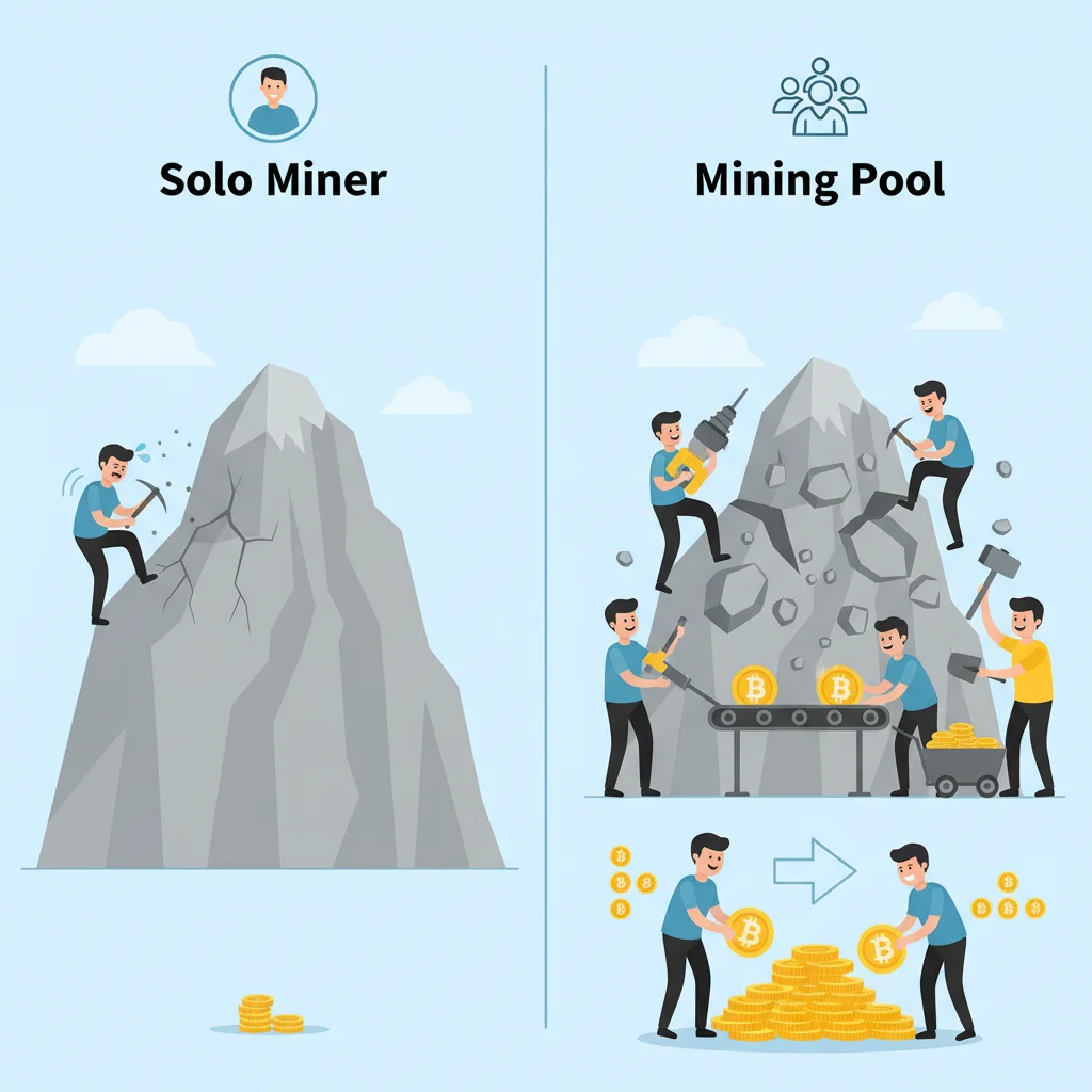 Comparativo entre mineração solo e mineração em grupo (mining pool).
