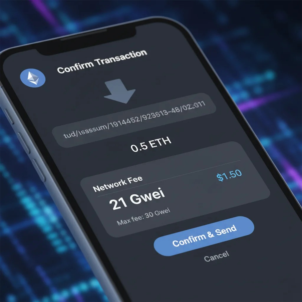 Exemplo de tela de confirmação de transação em uma carteira digital Ethereum, com destaque para a taxa de gás (gas fee) expressa em Gwei.