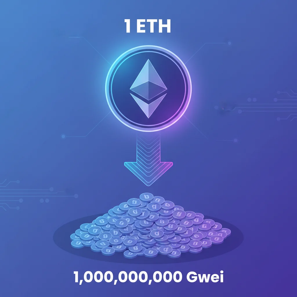 Infográfico mostrando a equivalência entre a criptomoeda Ethereum (ETH) e sua subunidade Gwei, ilustrando que um bilhão de Gwei equivale a um ETH.