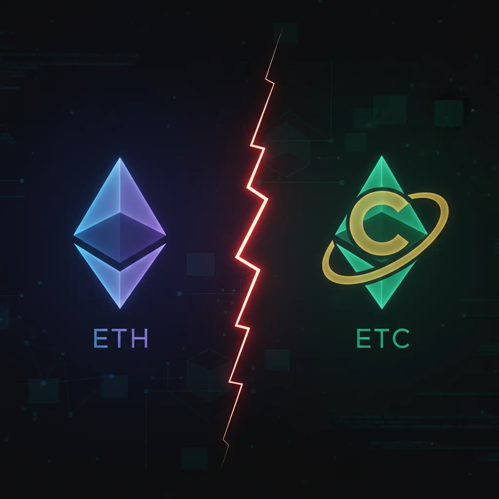 Logotipos do Ethereum (ETH) e Ethereum Classic (ETC) separados por uma rachadura, simbolizando o hard fork.