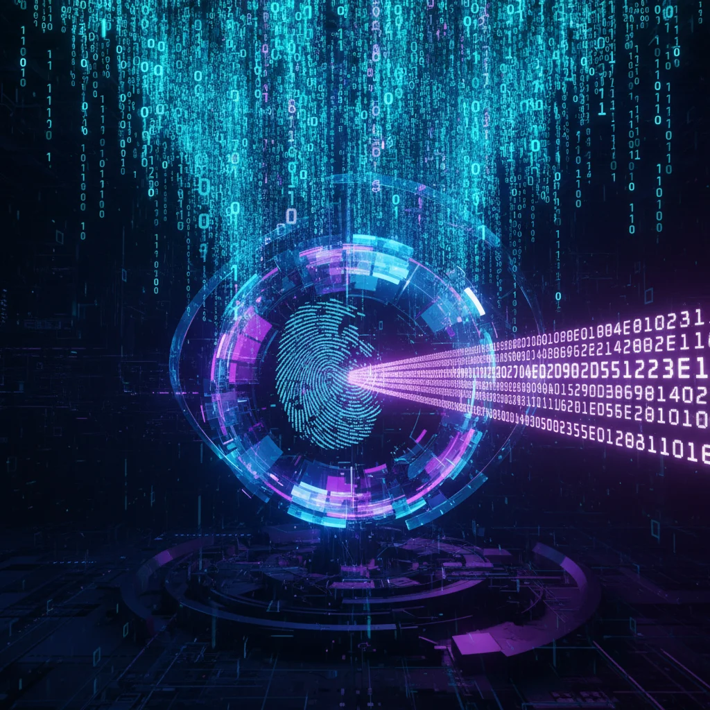 Visualização artística de um Hash sendo gerado: um fluxo de dados digitais entra em um núcleo central e sai como uma impressão digital criptográfica única.