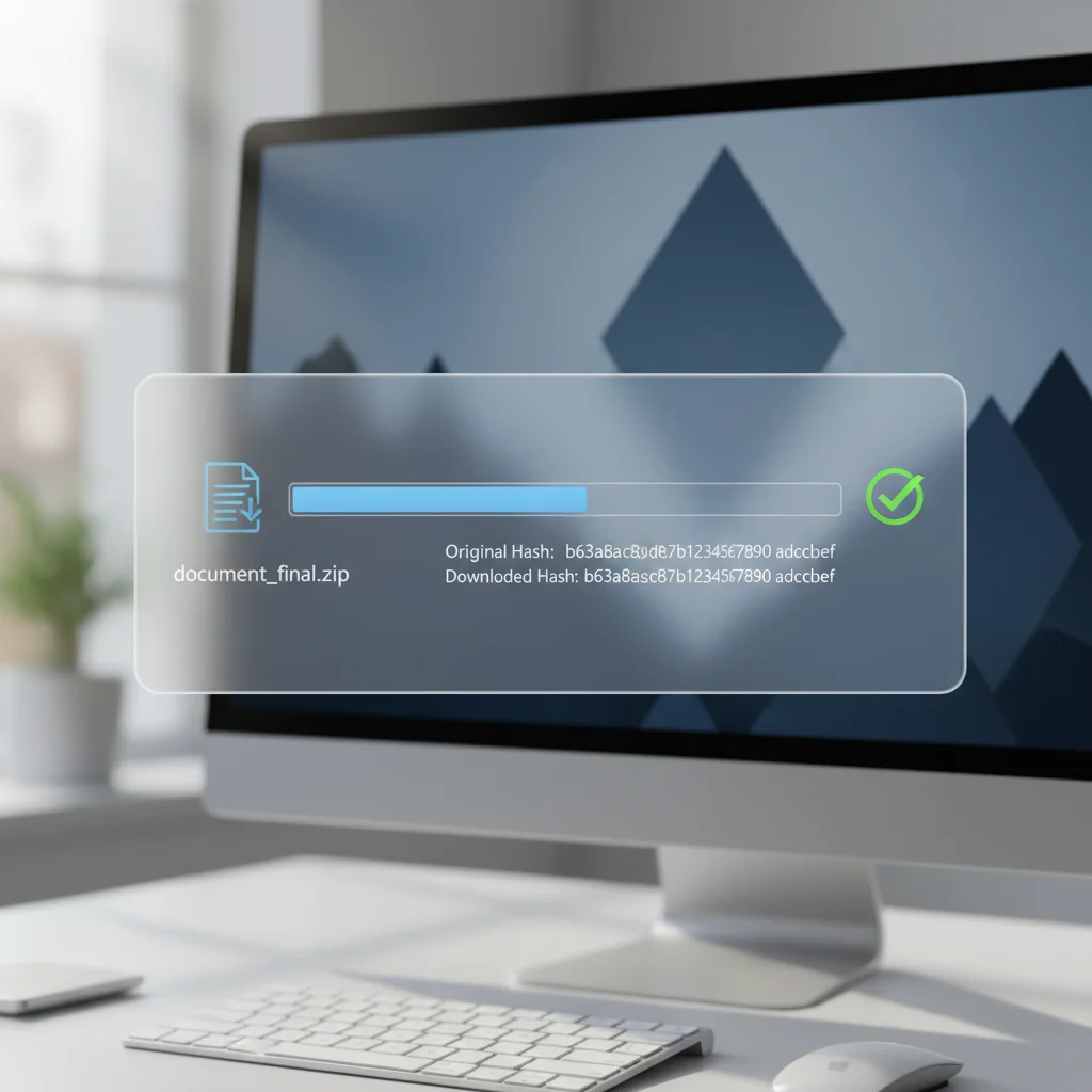 Interface de um programa de computador comparando o código hash de um arquivo original com o do arquivo baixado, com um ícone de verificação verde confirmando a correspondência.