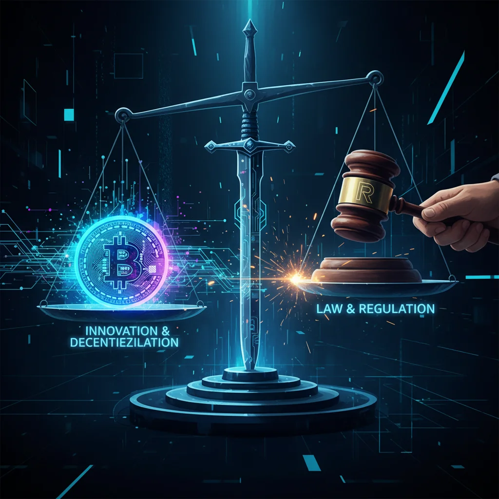 Uma balança equilibrando uma criptomoeda de um lado e um martelo de juiz do outro, simbolizando a regulação no mercado de ativos digitais.