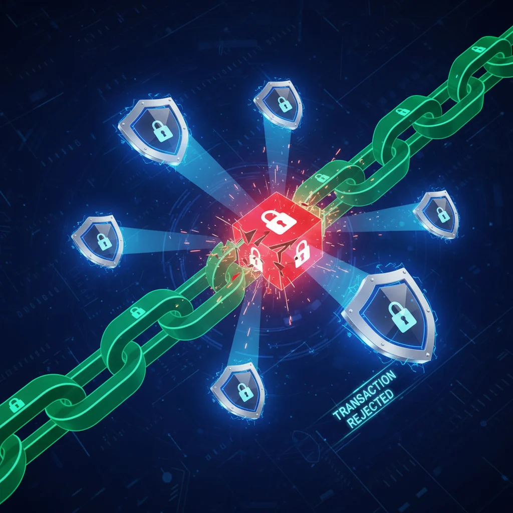 Representação de uma tentativa de fraude na blockchain, onde um bloco alterado é rejeitado pela rede.