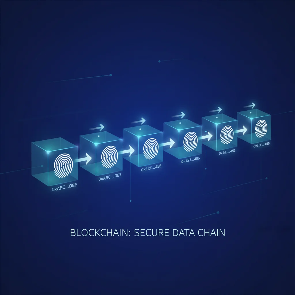 Ilustração de blocos digitais conectados em uma corrente, representando a estrutura da blockchain.