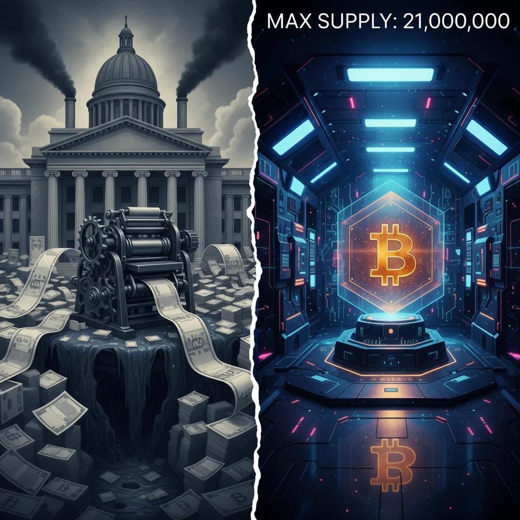 Comparativo visual entre a emissão ilimitada de dinheiro fiduciário por governos e a oferta limitada e finita de 21 milhões de Bitcoins.