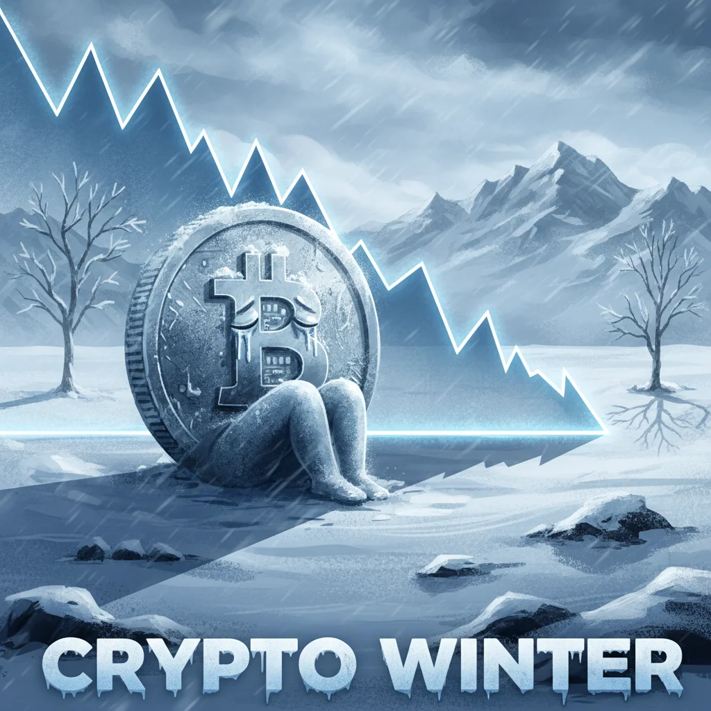 Ilustração de uma moeda de Bitcoin em um cenário de neve, simbolizando o Inverno Cripto e a queda do mercado.