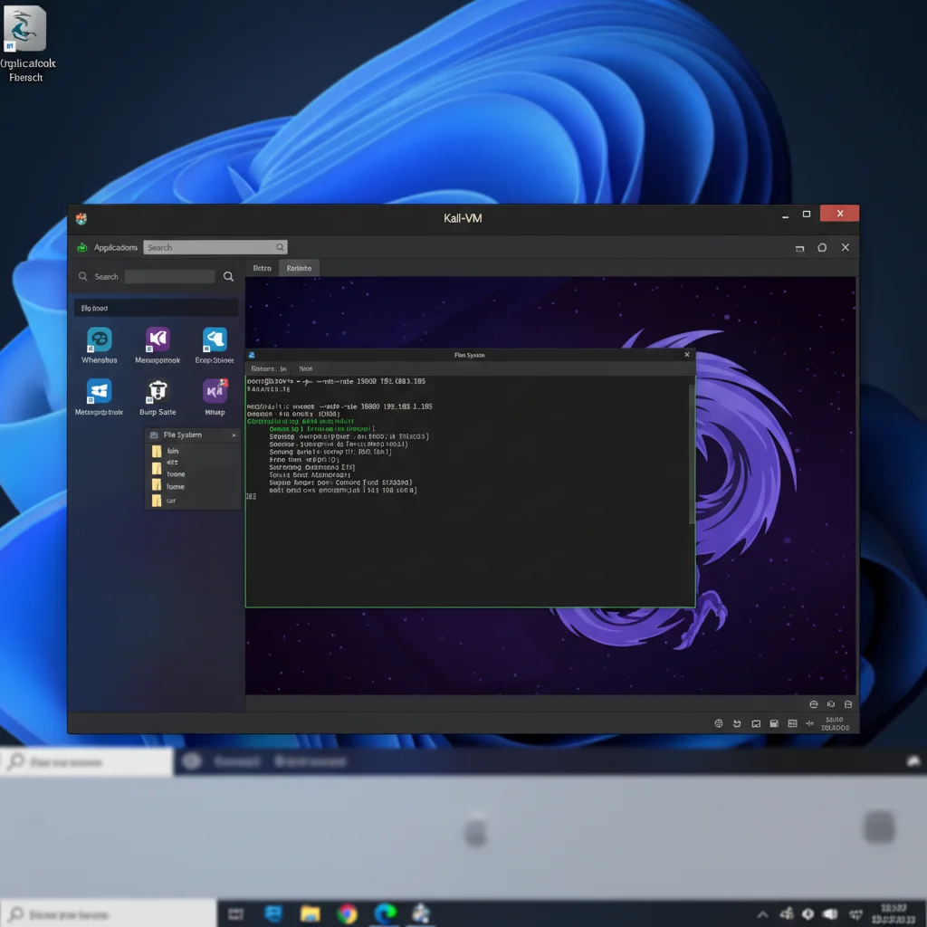 Desktop do Kali Linux rodando em uma máquina virtual.