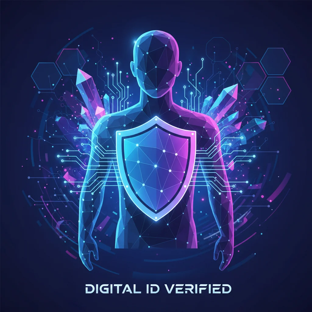 Ilustração abstrata mostrando um escudo de segurança sobre a silhueta de uma pessoa, simbolizando a verificação de identidade digital do KYC.